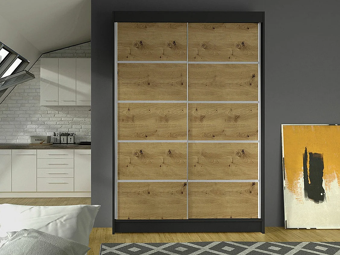 Armoire Closico 150, Chêne Artisan|Noir, 200x120x58cm, Portes d'armoire: Coulissantes