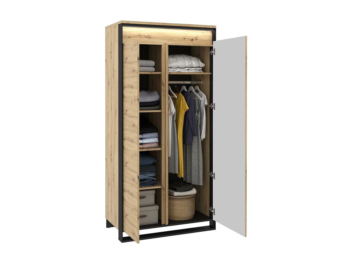 Armoire Luliru 100, Noir|Chêne Artisan, 195x95x50cm, Nombre d'étagères: 5