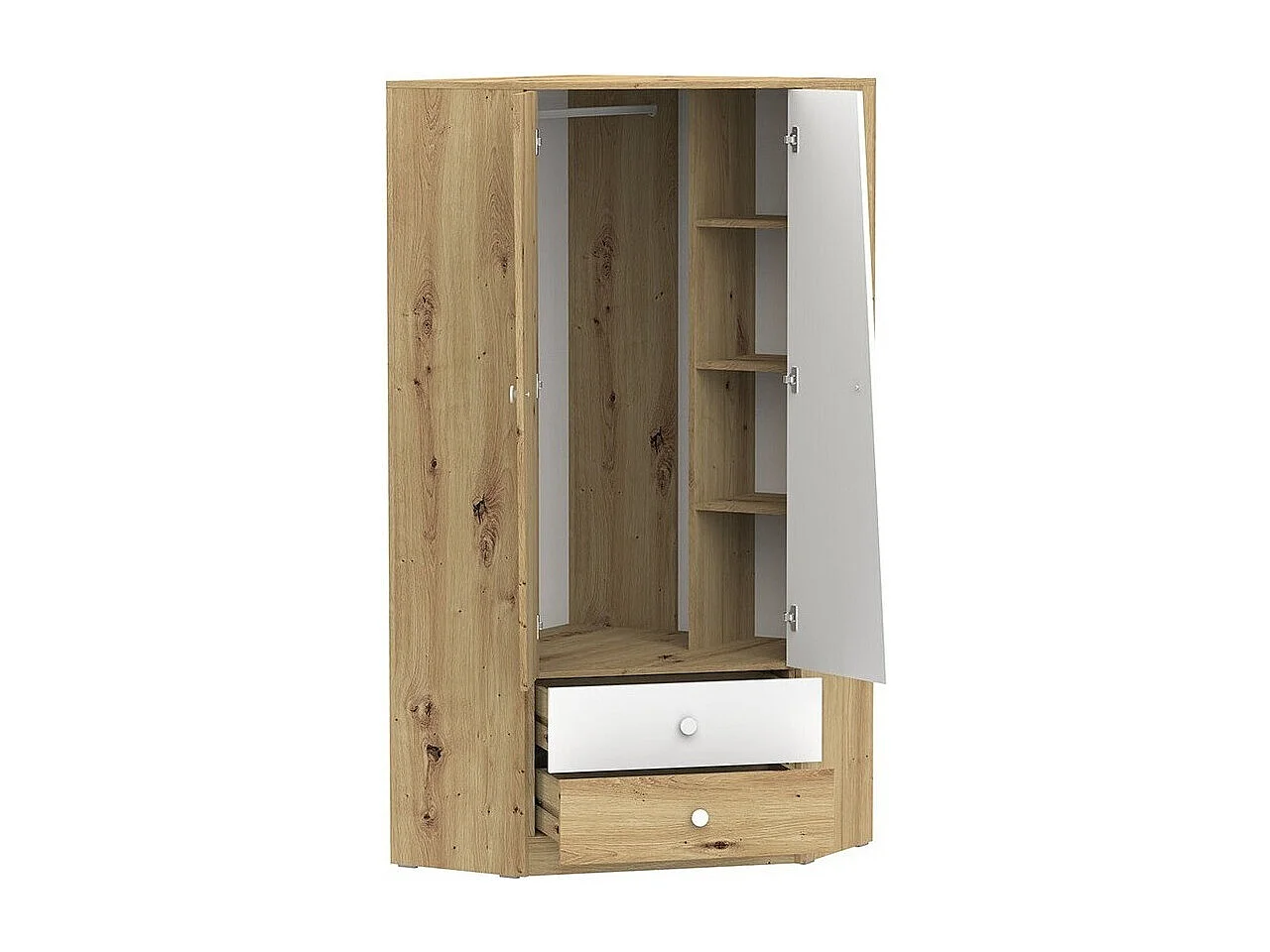 Armoire d'angle Almira 101, Blanc|Chêne Artisan, 191x87x87cm, Nombre d'étagères: 3