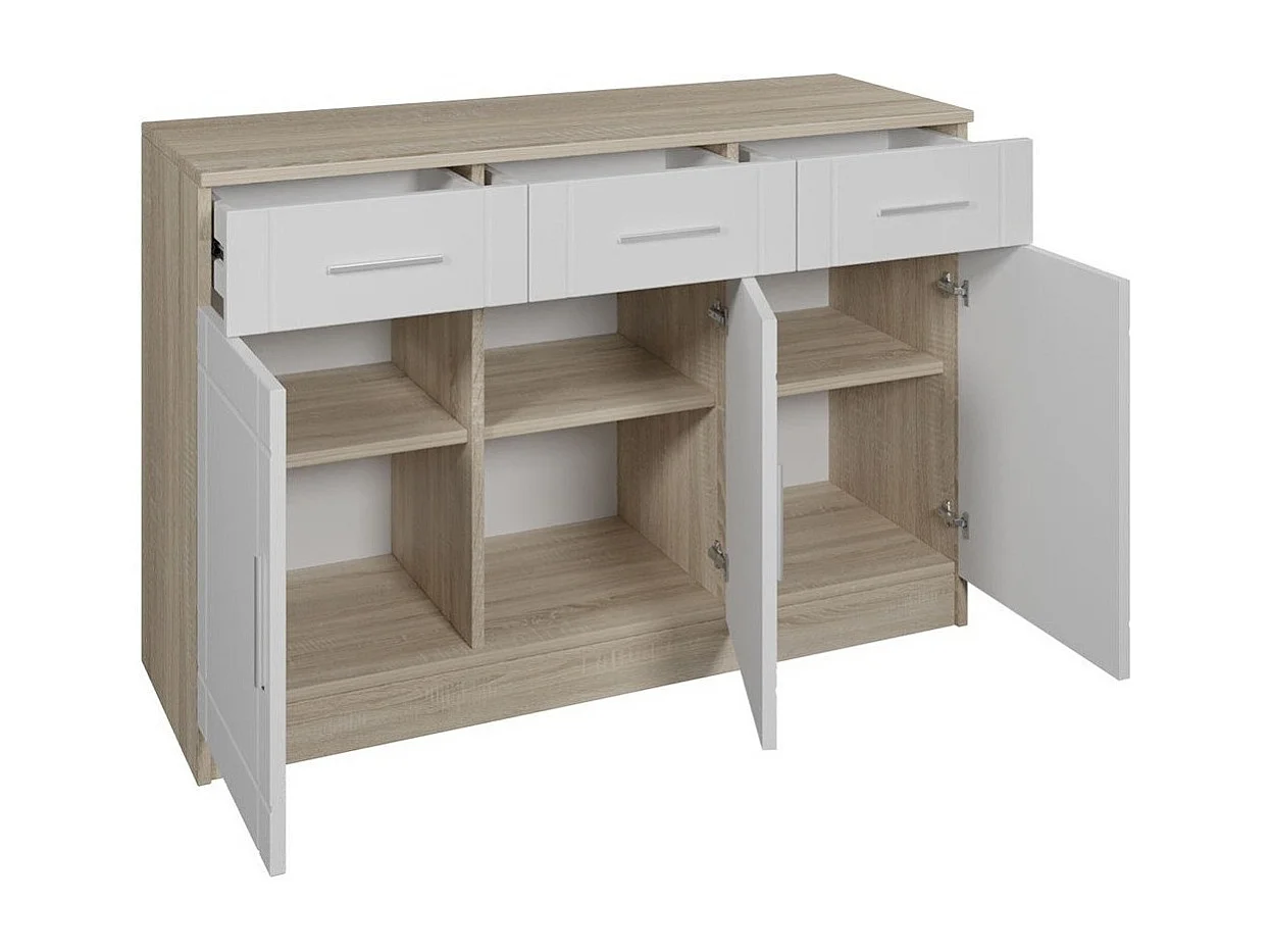 Commode Tucson 145, Sonoma chêne|Blanc, Tiroirs et portes, Nombre de tiroirs: 3, 70x103cm