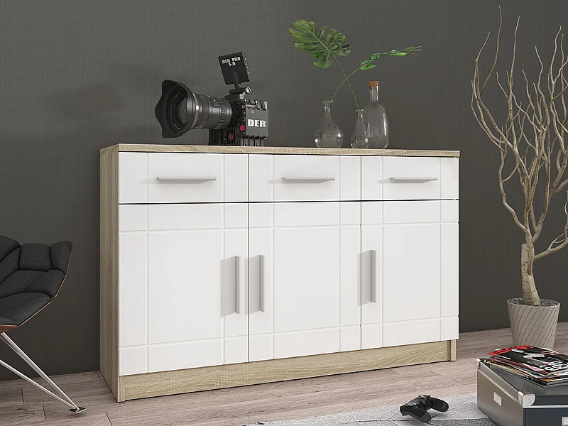 Commode Tucson 145, Sonoma chêne|Blanc, Tiroirs et portes, Nombre de tiroirs: 3, 70x103cm