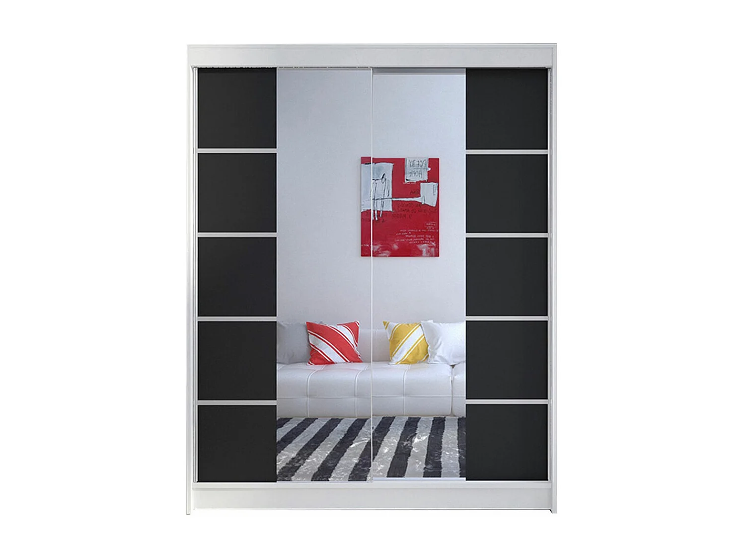 Armoire Closico 146, Noir|Blanc, 200x150x58cm, Portes d'armoire: Coulissantes