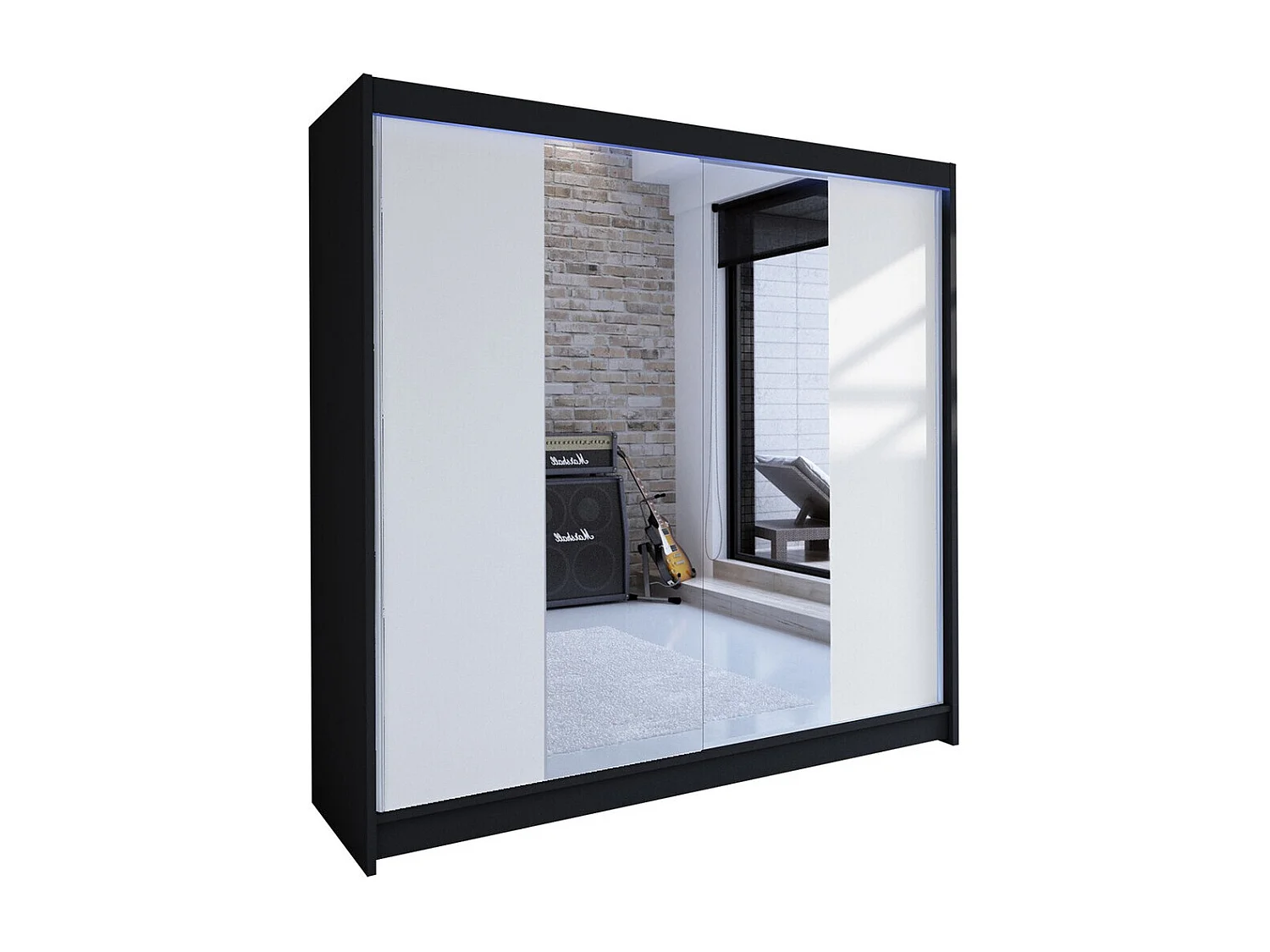 Armoire Closico Cavaris II, Blanc|Noir, 215x180x58cm, Portes d'armoire: Coulissantes