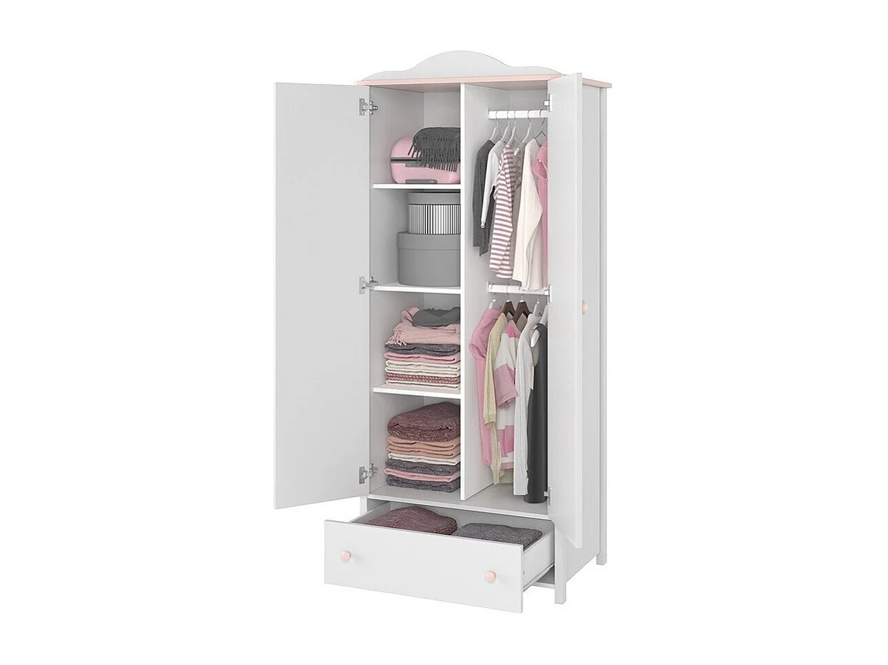 Armoire Elblive 111, Rose clair|Blanc, 184x85x52cm, Portes d'armoire: Avec des charnières