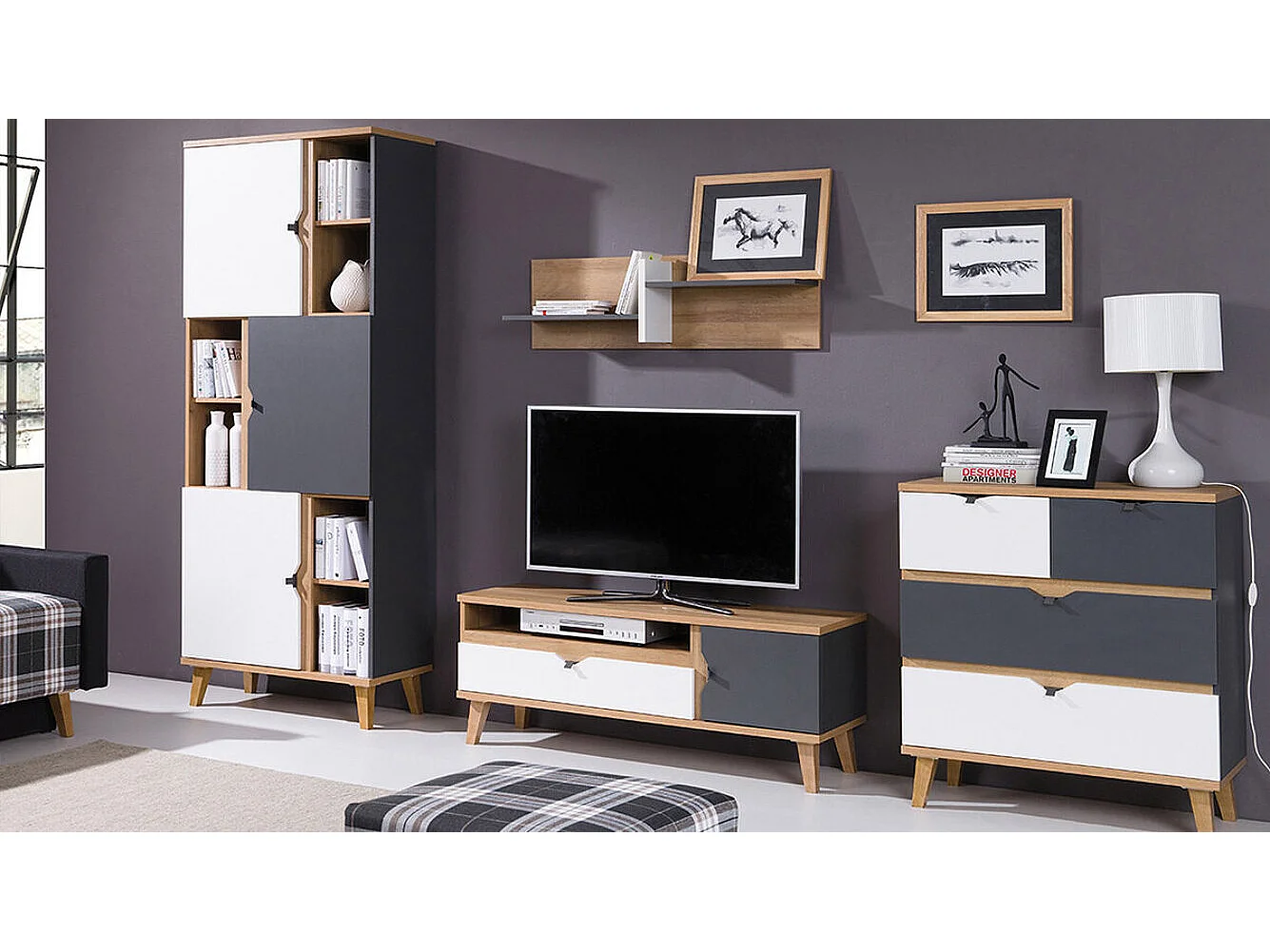 Commode Etrmoru 132, Graphite|Blanc|Chêne doré, Avec tiroirs, Nombre de tiroirs: 4, 90cm