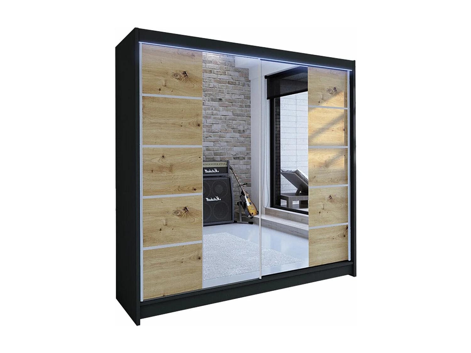 Armoire Closico 154, Chêne Artisan|Noir, 215x180x58cm, Portes d'armoire: Coulissantes