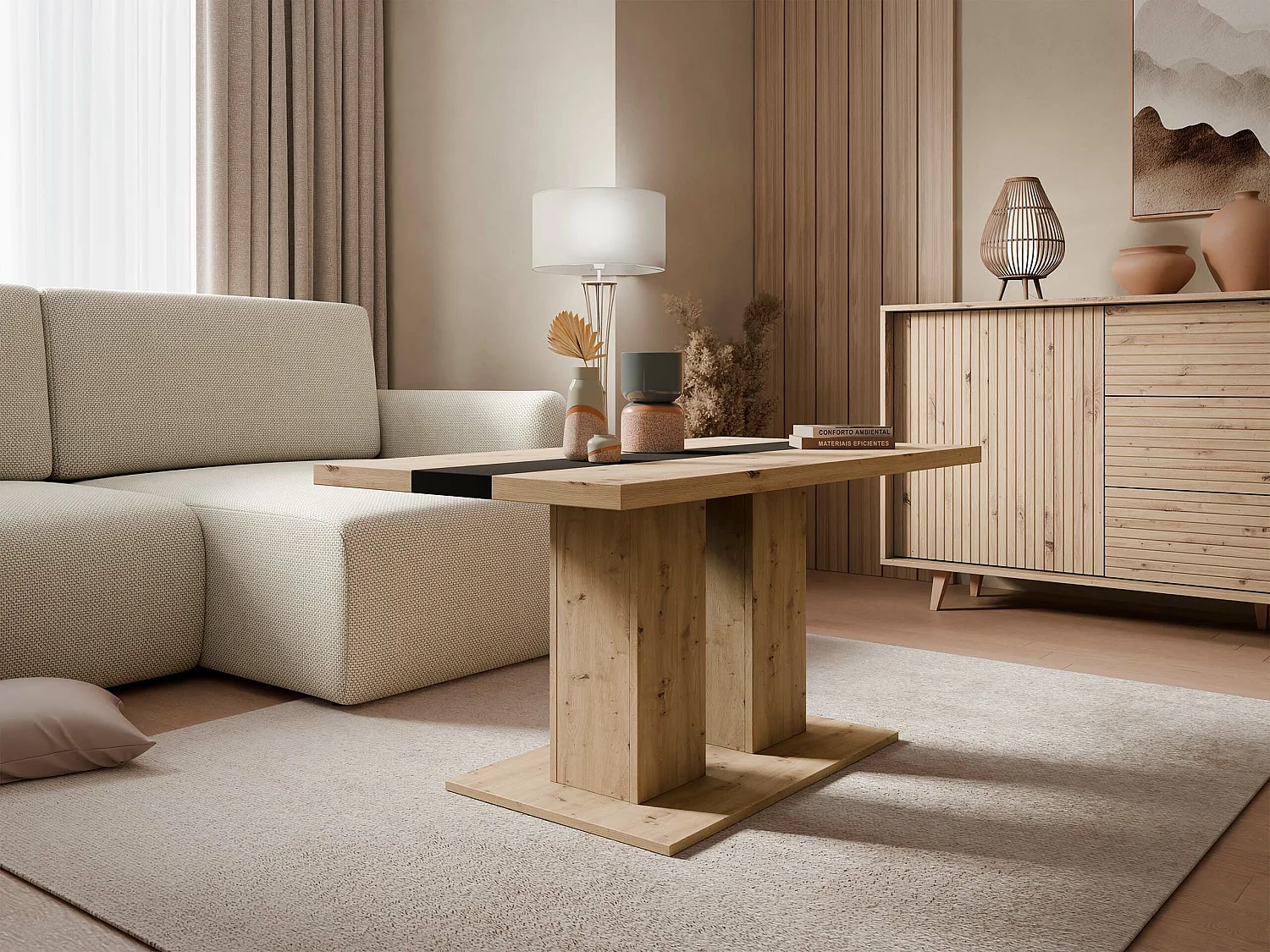 Table basse Tucson 147, Chêne Artisan|Noir, 53x60x110cm, Stratifié, Angulaire