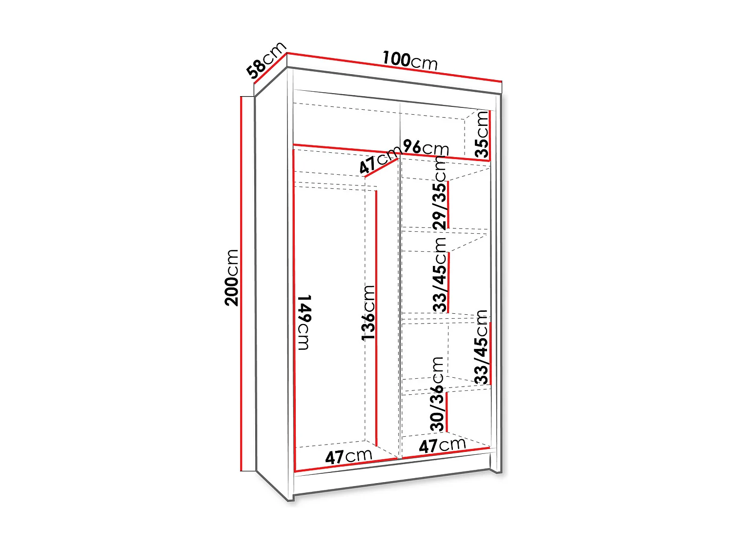 Armoire Closico 189, Noir|Blanc, 200x100x58cm, Portes d'armoire: Coulissantes