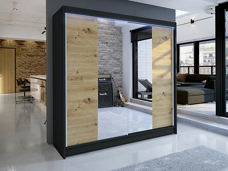 Armoire Closico 138, Chêne Artisan|Noir, 215x180x58cm, Portes d'armoire: Coulissantes