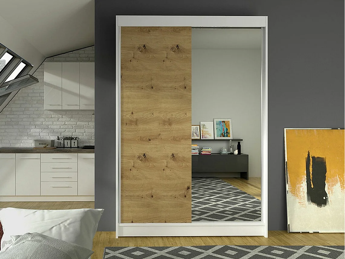 Armoire Closico 147, Chêne Artisan|Blanc, 200x120x58cm, Portes d'armoire: Coulissante