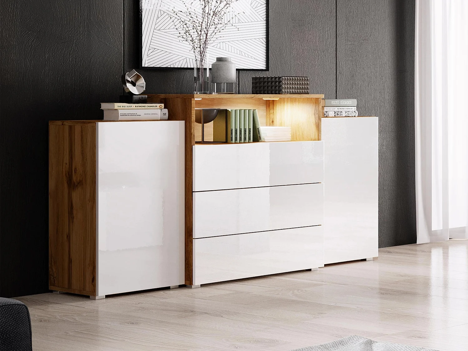 Cómoda Sarasota 127, Roble wotan|Blanco brillante, Con cajones y puertas, 81x150x39cm