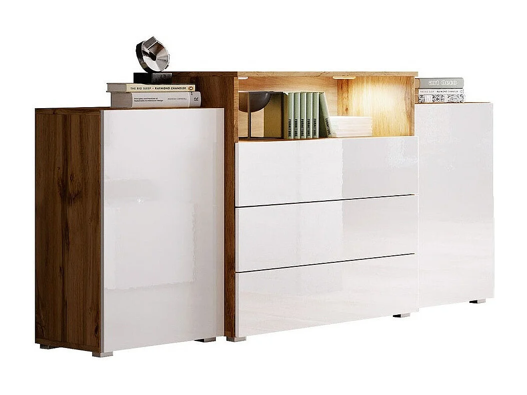 Cómoda Sarasota 127, Roble wotan|Blanco brillante, Con cajones y puertas, 81x150x39cm