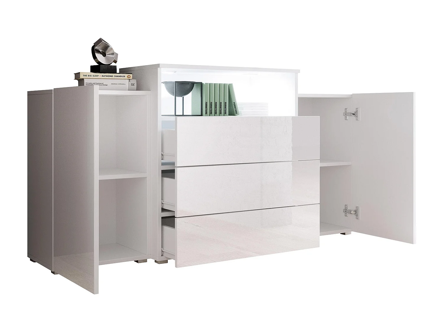 Cómoda Sarasota 127, Roble wotan|Blanco brillante, Con cajones y puertas, 81x150x39cm