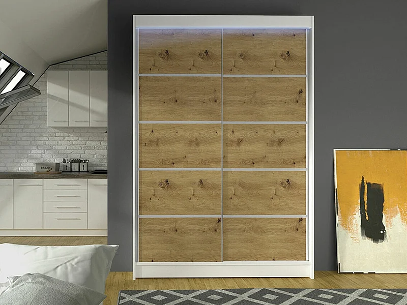Armoire Closico 150, Chêne Artisan|Blanc, 200x120x58cm, Portes d'armoire: Coulissantes