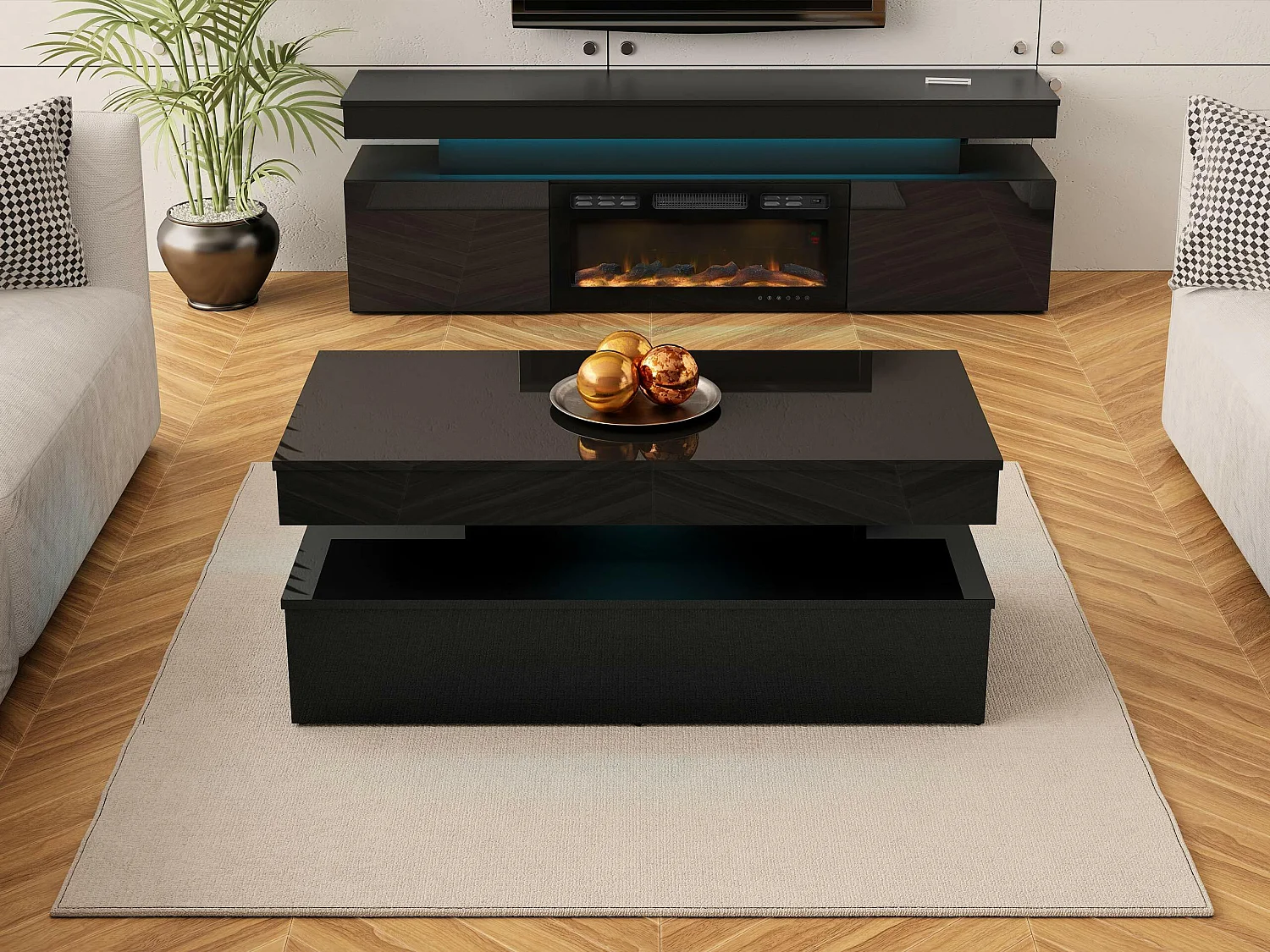 Table basse Monfero, Noir|Noir brillant, 50x55x120cm, MDF, Angulaire