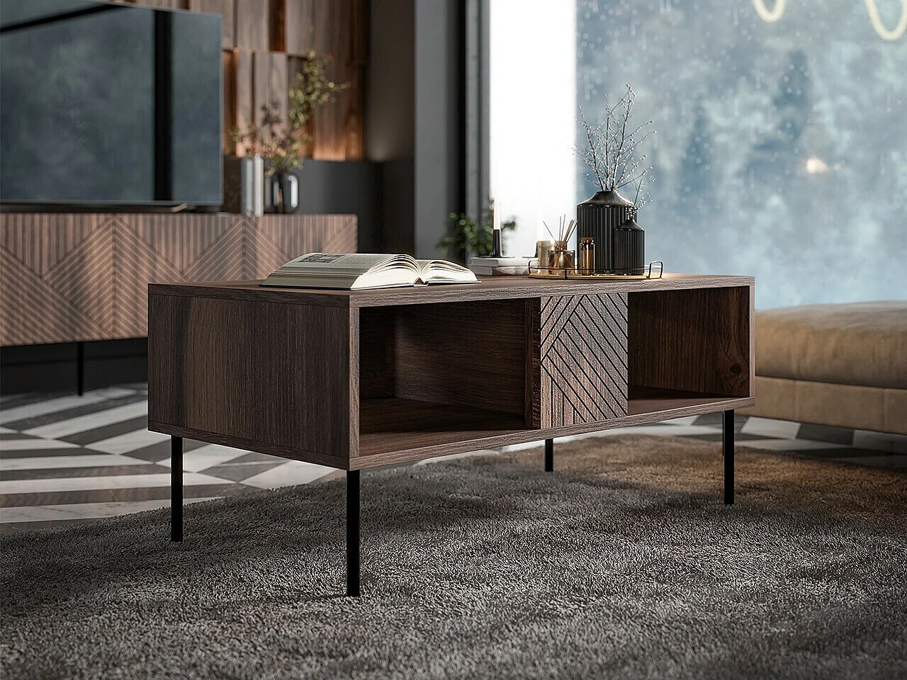 Table basse Venophu 103, Noyer, 46x55x100cm, Stratifié, Angulaire