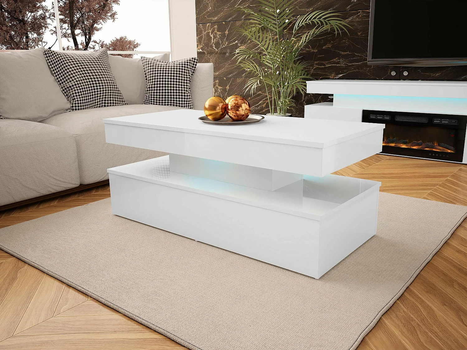 Table basse Monfero 100, Blanc brillant|Blanc, 50x55x120cm, MDF, Angulaire