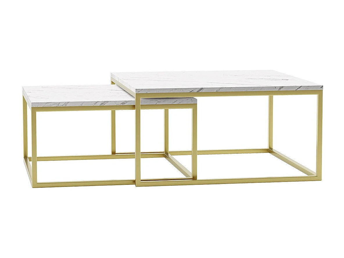 Ensemble tables basses Oswego 102, Doré|Marbre blanc, 39x76x76cm, Stratifié, Angulaire
