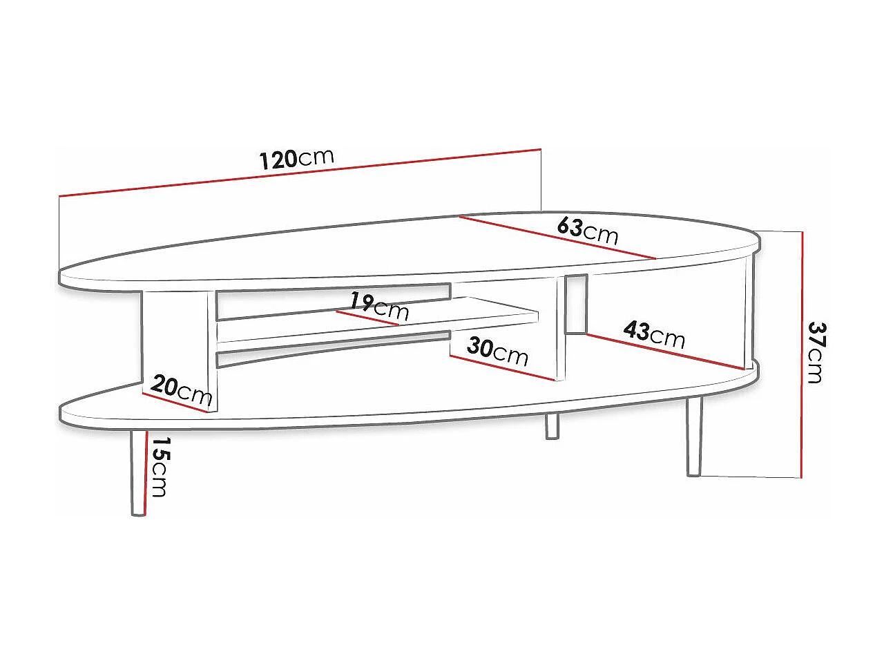 Table basse Ferenou 103, Chêne foncé|Noir, 37x63x120cm, Stratifié, Ovale