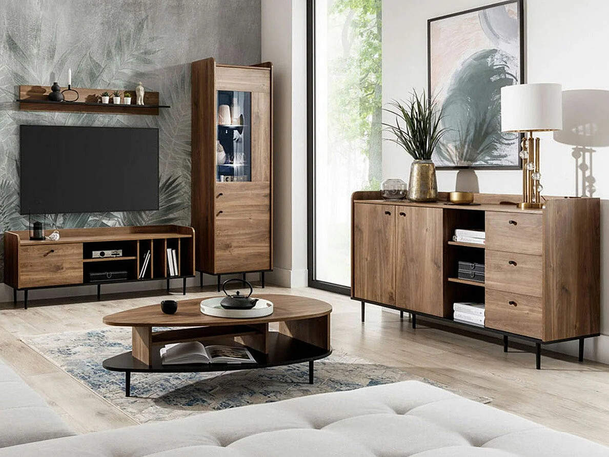 Table basse Ferenou 103, Chêne foncé|Noir, 37x63x120cm, Stratifié, Ovale