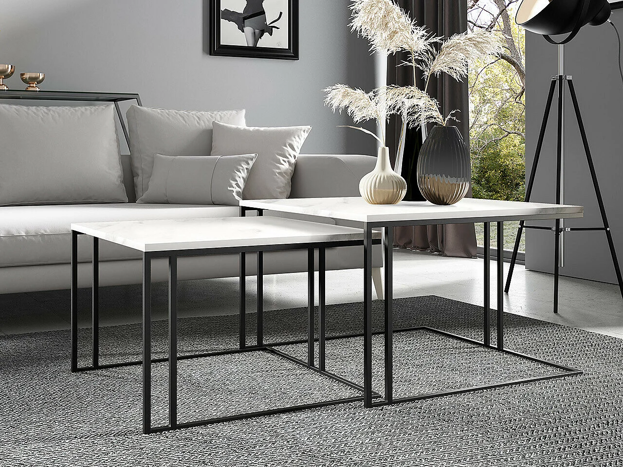Ensemble tables basses Oswego 110, Marbre blanc|Noir, 50x76x76cm, Stratifié, Angulaire