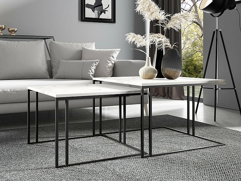 Ensemble tables basses Oswego 110, Marbre blanc|Noir, 50x76x76cm, Stratifié, Angulaire