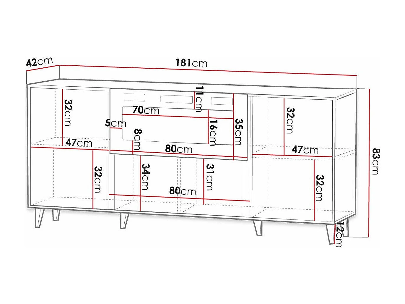 Buffet Levmari 104, Blanc|Doré|Noir, 83x181cm, Le nombre de portes: 242cm, MDF|Stratifié