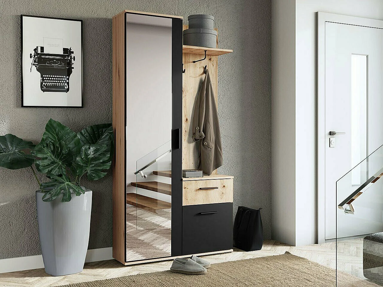 Meuble d'entrée Pavo, 195x97x30cm, Disponible, Chêne Artisan|Noir, Stratifié, À poser