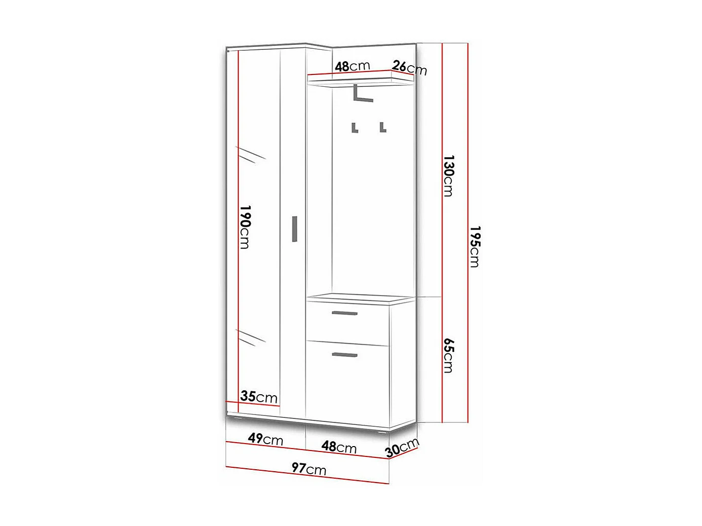 Meuble d'entrée Pavo, 195x97x30cm, Disponible, Chêne Artisan|Noir, Stratifié, À poser