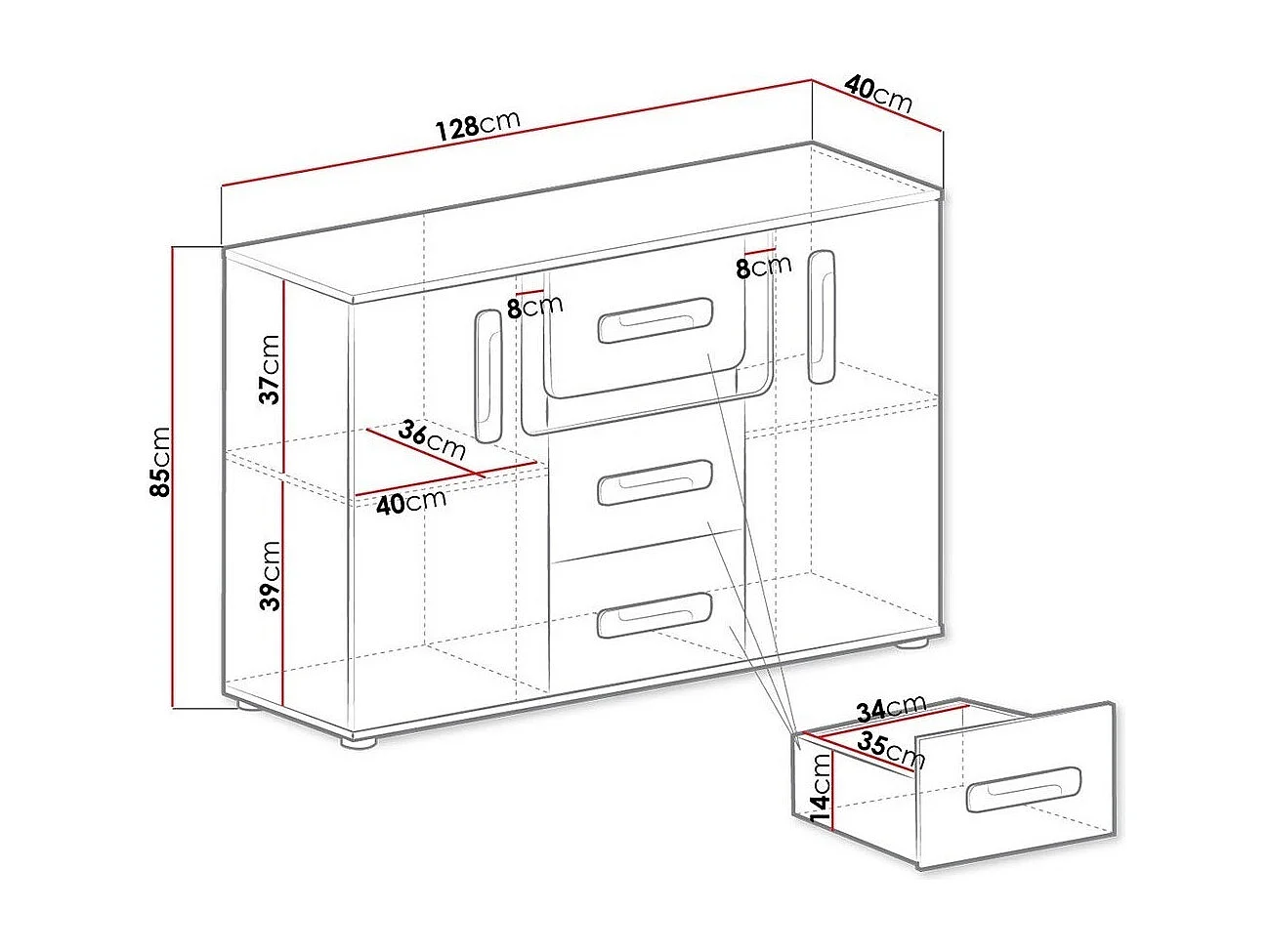 Commode Aviseve 102, Blanc|Anthracite, Tiroirs et portes, Nombre de tiroirs: 3, 85x128cm
