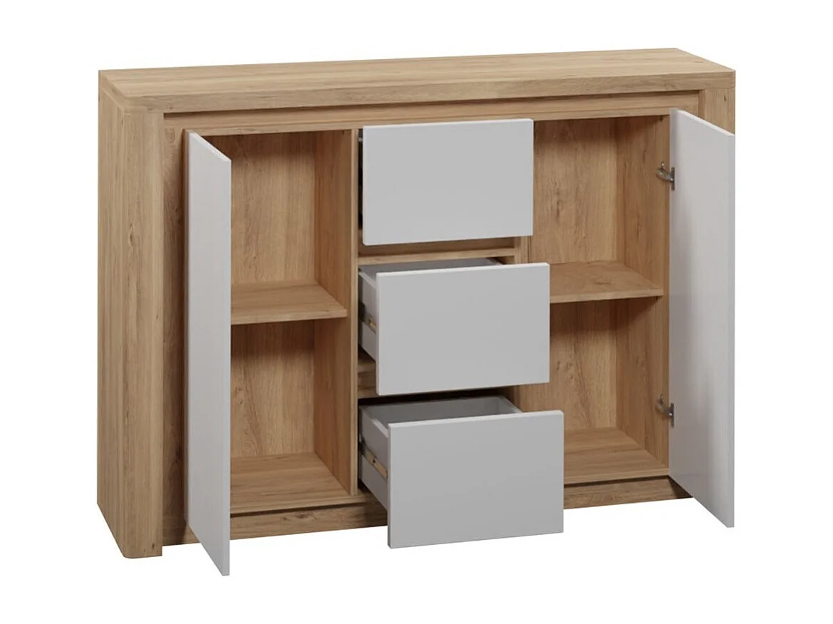 Commode Etrmona 106, Ribbeck chêne|Blanc brillant, Tiroirs et portes, 98x144x41cm