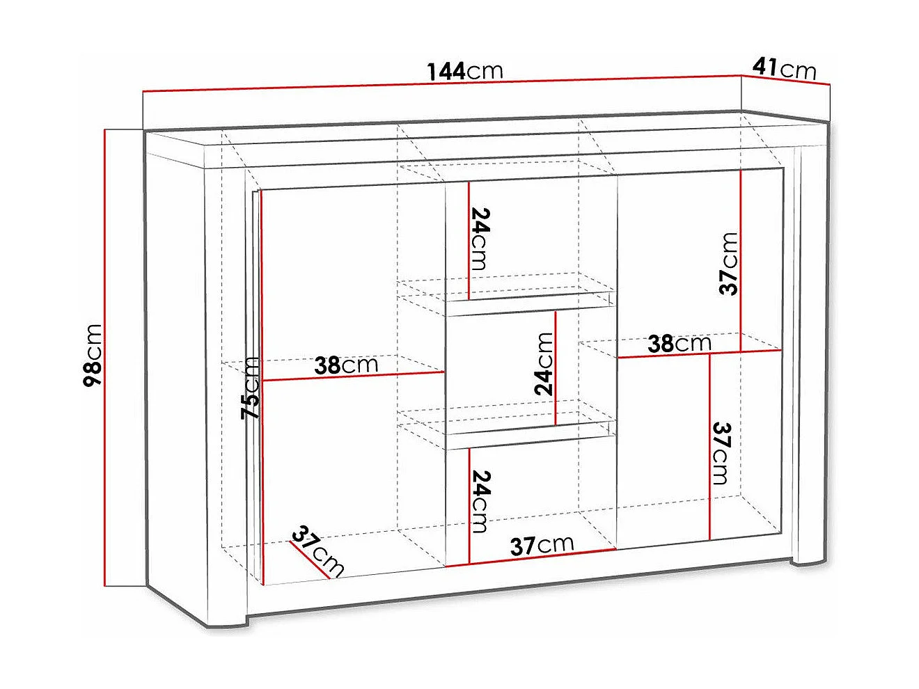 Commode Etrmona 106, Ribbeck chêne|Blanc brillant, Tiroirs et portes, 98x144x41cm