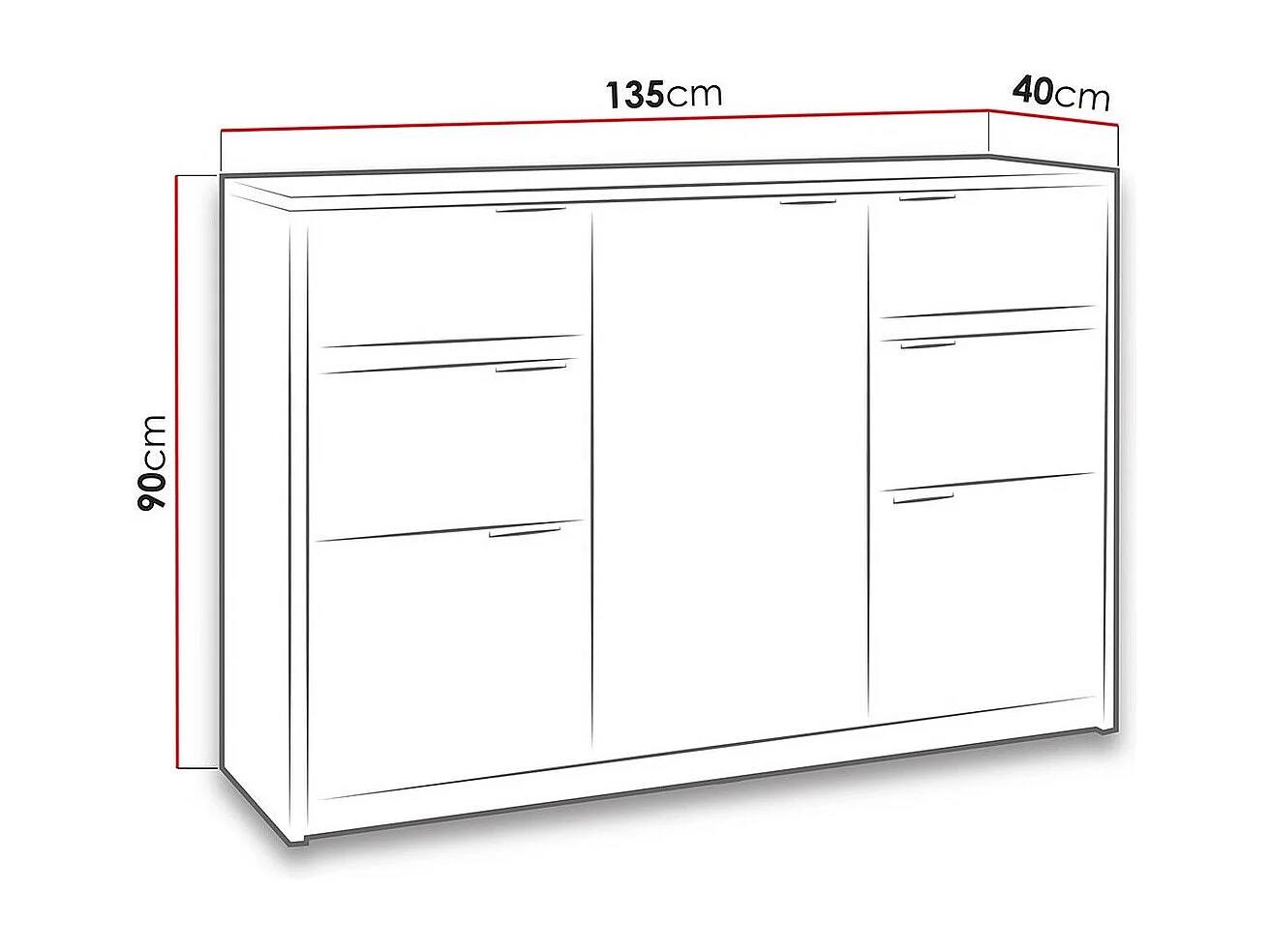 Commode Fivelbo 101, Noir brillant|Chêne du Monastery, Tiroirs et portes, 90x135x40cm