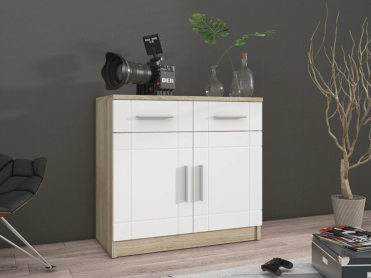 Commode Tucson 144, Blanc|Sonoma chêne, Tiroirs et portes, Nombre de tiroirs: 2, 70x69cm