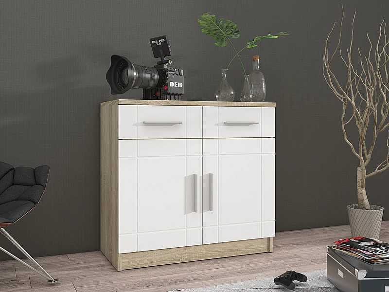 Commode Tucson 144, Blanc|Sonoma chêne, Tiroirs et portes, Nombre de tiroirs: 2, 70x69cm