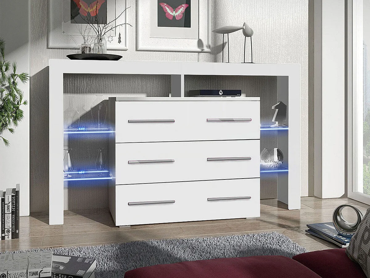 Commode Nashville 108, Blanc|Blanc brillant, Avec tiroirs, Nombre de tiroirs: 3, 101x45cm