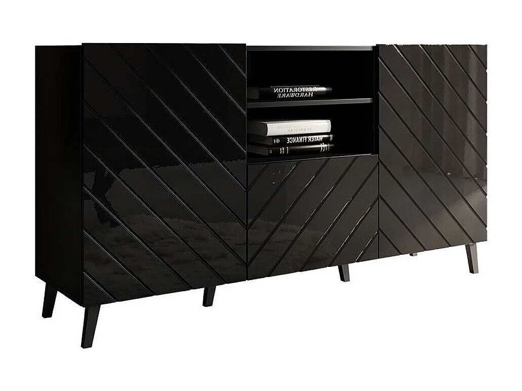 Commode Charlotte 143, Noir brillant|Noir, Tiroirs et portes, Nombre de tiroirs: 1, 82cm