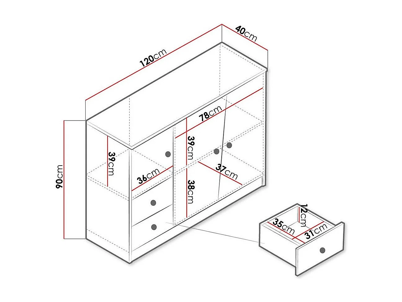 Commode Almira 106, Chêne Artisan|Blanc, Tiroirs et portes, Nombre de tiroirs: 2, 90x40cm