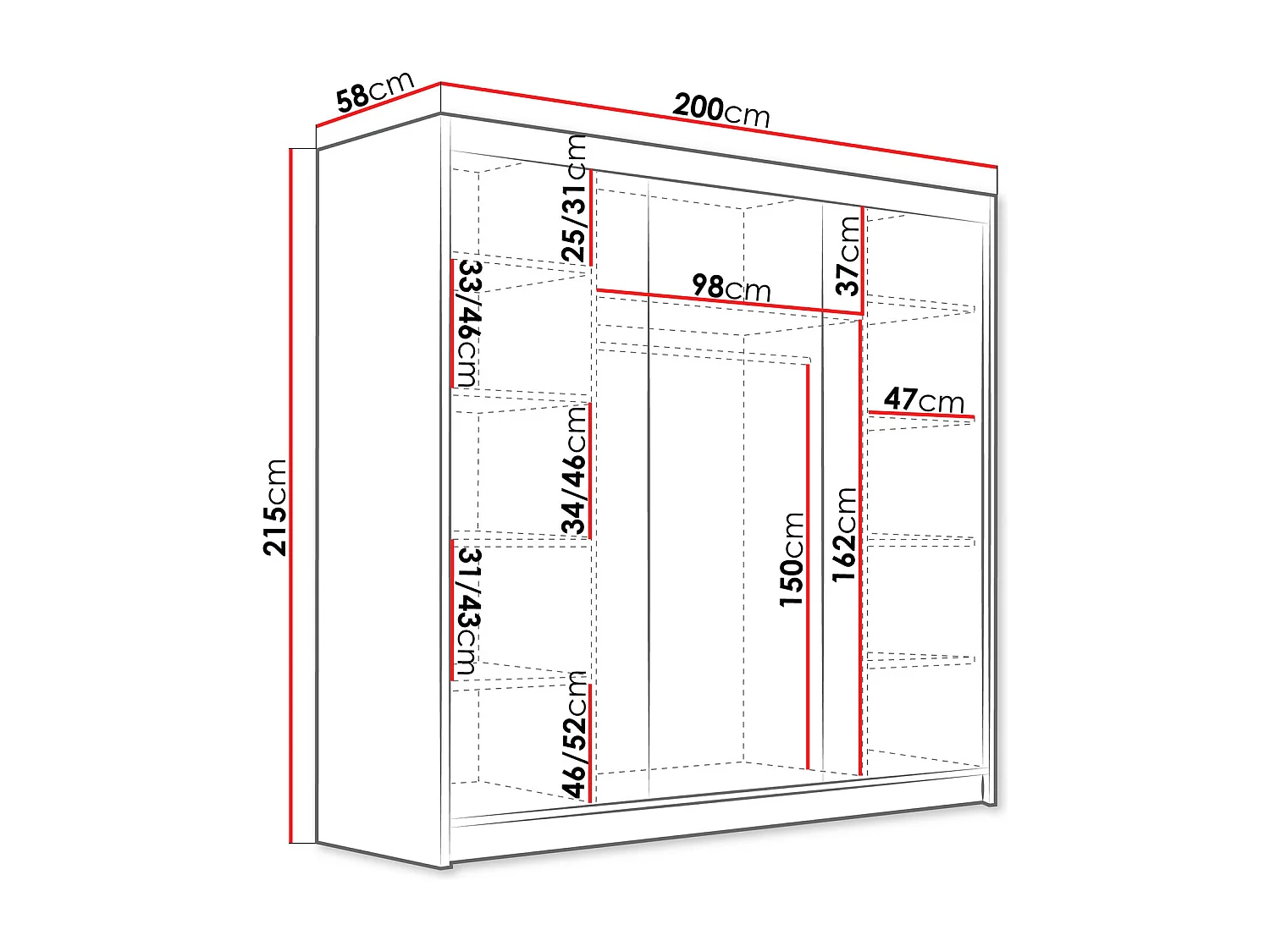 Armoire Closico Plenor VI, Blanc|Noir, 215x200x58cm, Portes d'armoire: Coulissantes