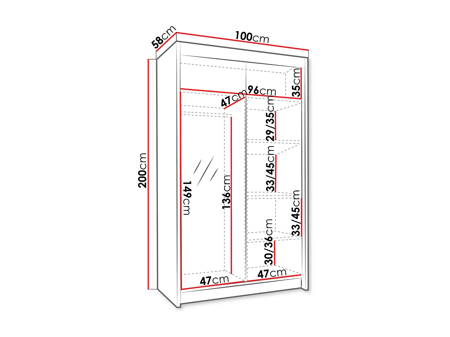 Armoire Closico 189, Blanc|Noir, 200x100x58cm, Portes d'armoire: Coulissante