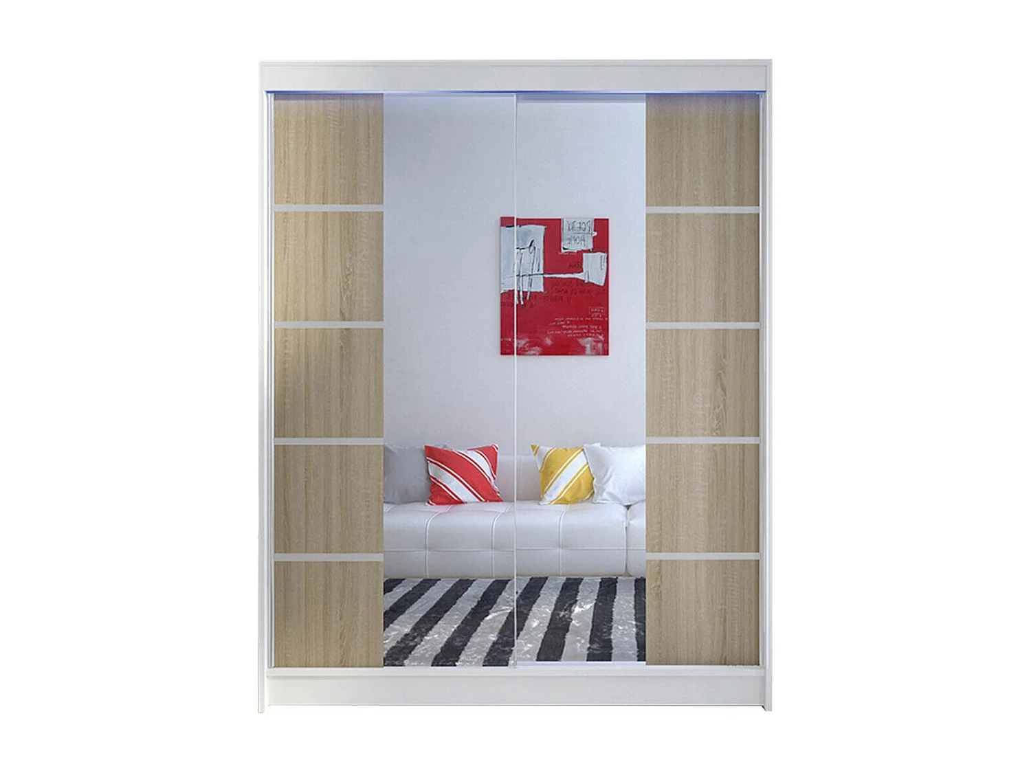 Armoire Closico 146, Blanc|Sonoma chêne, 200x150x58cm, Portes d'armoire: Coulissantes