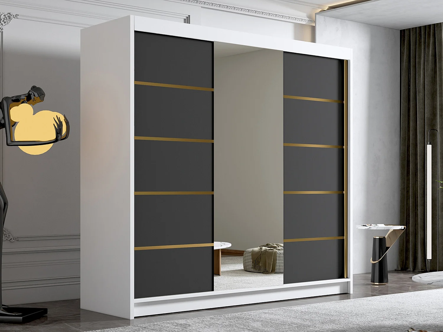 Armoire Closico 185, Noir|Blanc, 215x200x58cm, Portes d'armoire: Coulissantes