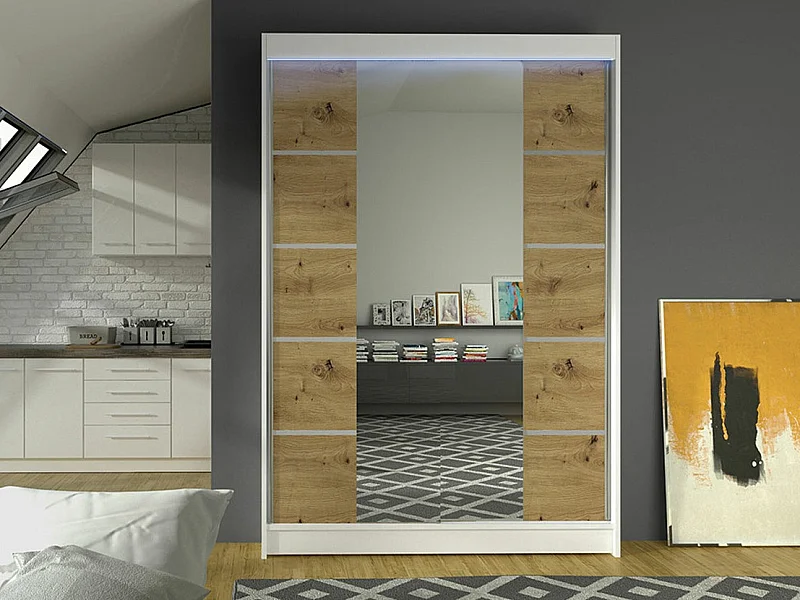 Armoire Closico 151, Chêne Artisan|Blanc, 200x120x58cm, Portes d'armoire: Coulissantes