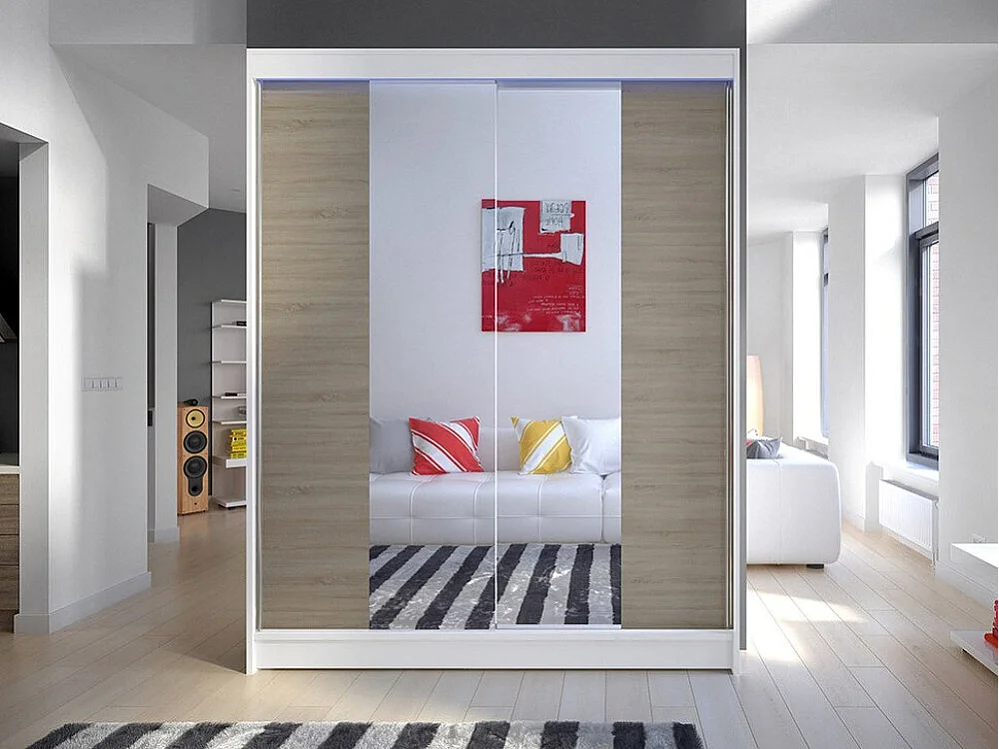 Armoire Closico 141, Blanc|Sonoma chêne, 200x150x58cm, Portes d'armoire: Coulissantes