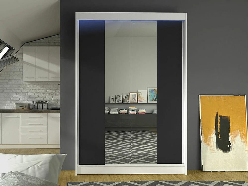 Armoire Closico 148, Noir|Blanc, 200x120x58cm, Portes d'armoire: Coulissantes