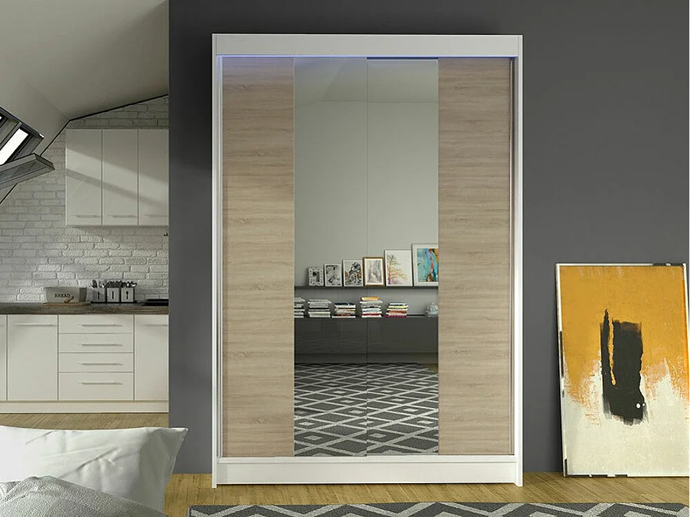 Armoire Closico 148, Sonoma chêne|Blanc, 200x120x58cm, Portes d'armoire: Coulissantes