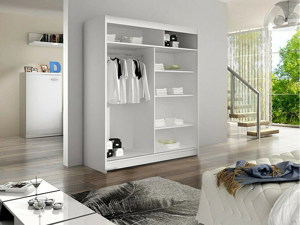 Armoire Closico 145, Blanc|Sonoma chêne, 200x150x58cm, Portes d'armoire: Coulissantes