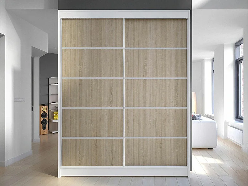 Armoire Closico 145, Blanc|Sonoma chêne, 200x150x58cm, Portes d'armoire: Coulissantes