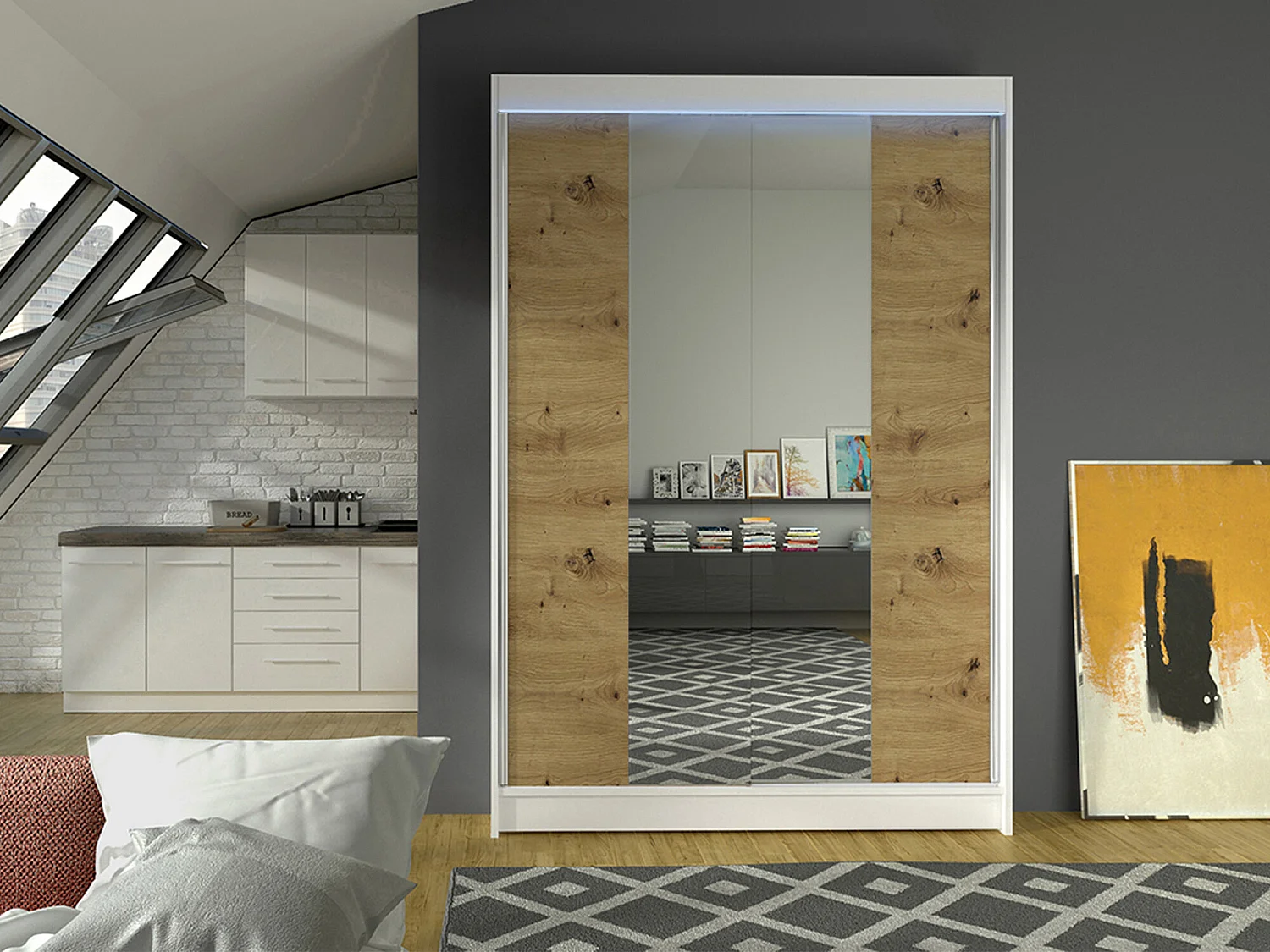 Armoire Closico 148, Chêne Artisan|Blanc, 200x120x58cm, Portes d'armoire: Coulissantes