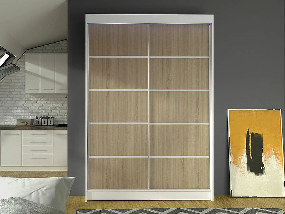 Armoire Closico 150, Sonoma chêne|Blanc, 200x120x58cm, Portes d'armoire: Coulissantes
